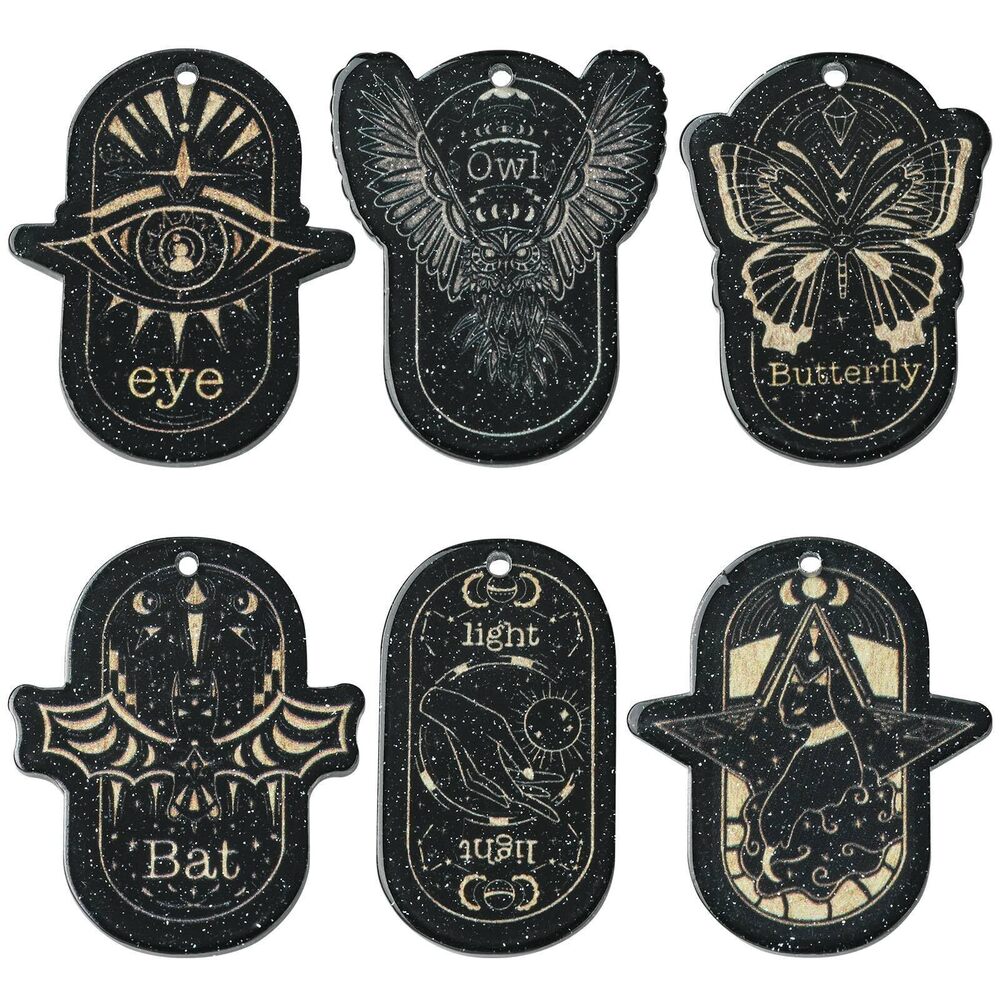 9494 12 pcs 6 Styles Black Tarot Card Acrylic Charms Eye Bat Butterfly Cat